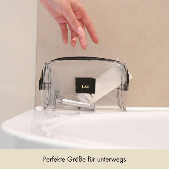 Kosmetiktasche genarbtes Leder | Schwarz & Gold – Vorbestellung