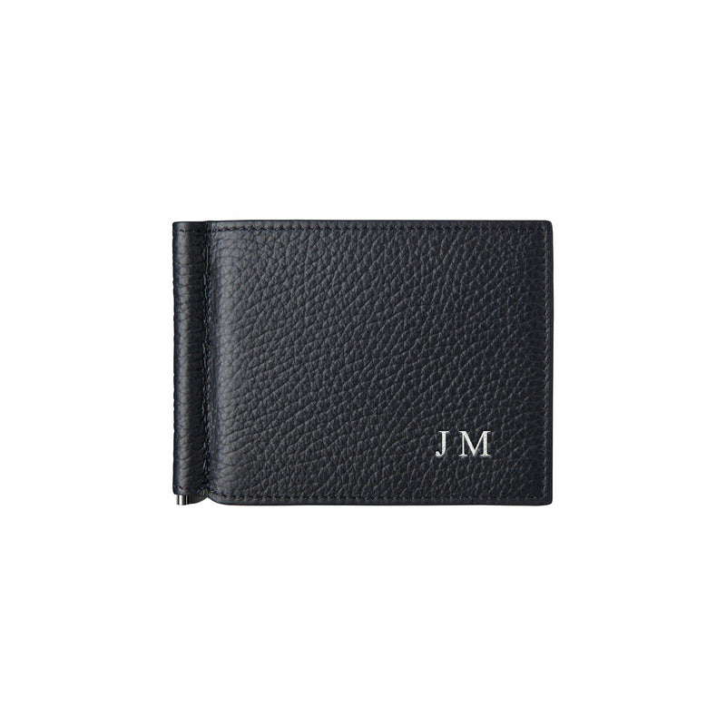 Geldbörse mit Geldscheinklammer und Initialen - genarbtes Leder schwarz | MERSOR